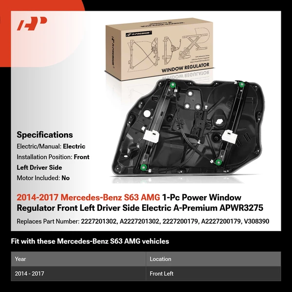 2014-2017 Mercedes-Benz S63 AMG 1-Pc Power Window Regulator Front Left Driver Side Electric A-Premium APWR3275