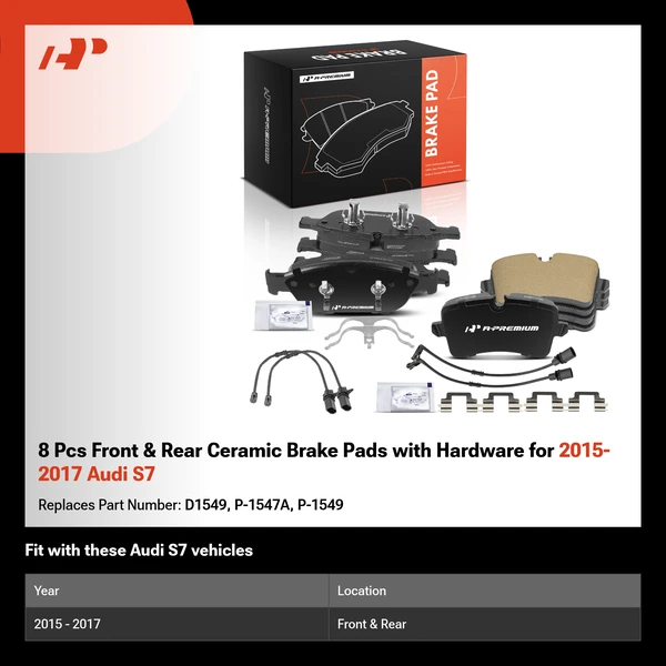 8 Pcs Front & Rear Ceramic Brake Pads with Hardware for 2015-2017 Audi S7
