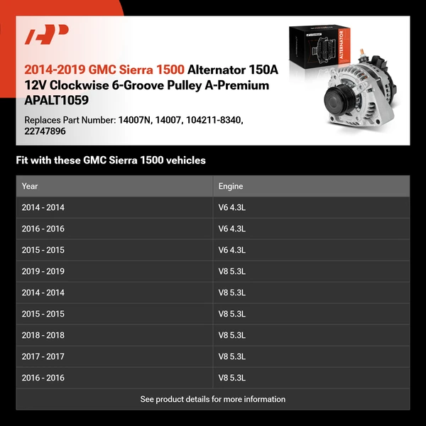 2014-2019 GMC Sierra 1500 Alternator 150A 12V Clockwise 6-Groove Pulley A-Premium APALT1059