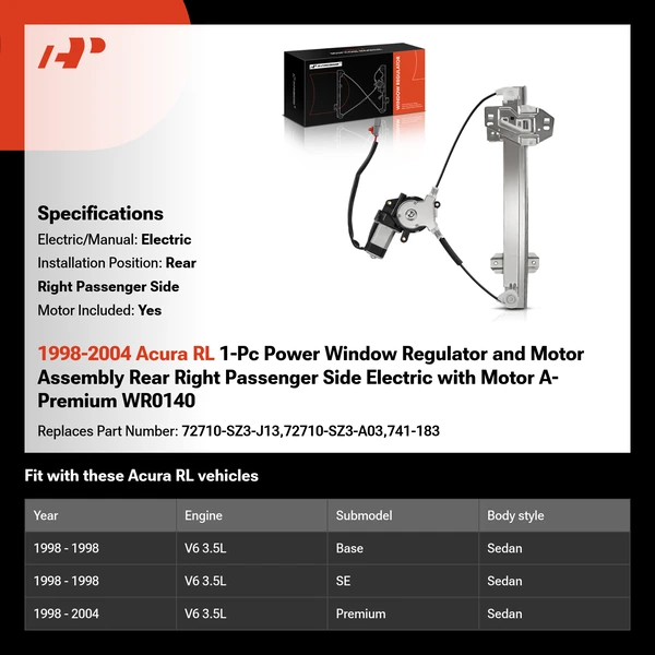 1998-2004 Acura RL 1-Pc Power Window Regulator and Motor Assembly Rear Right Passenger Side Electric with Motor A-Premium WR0140
