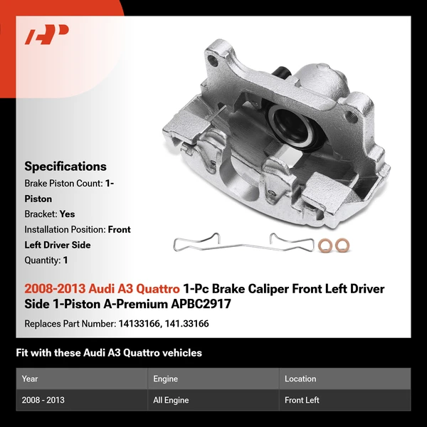 2008-2013 Audi A3 Quattro 1-Pc Brake Caliper Front Left Driver Side 1-Piston A-Premium APBC2917