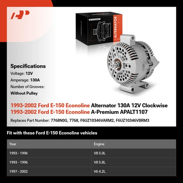 1993-2002 Ford E-150 Econoline Alternator 130A 12V Clockwise 1993-2002 Ford E-150 Econoline A-Premium APALT1107