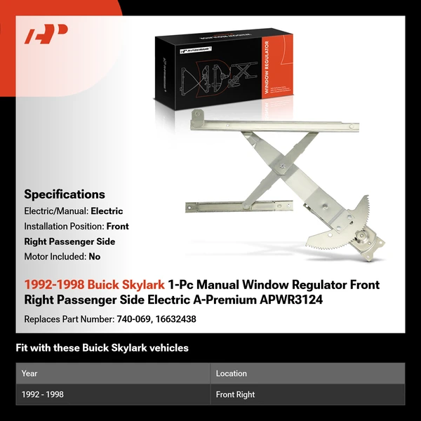 1992-1998 Buick Skylark 1-Pc Manual Window Regulator Front Right Passenger Side Electric A-Premium APWR3124