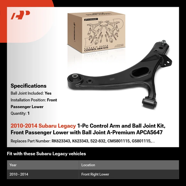 2010-2014 Subaru Legacy 1-Pc Control Arm and Ball Joint Kit, Front Passenger Lower with Ball Joint A-Premium APCA5647