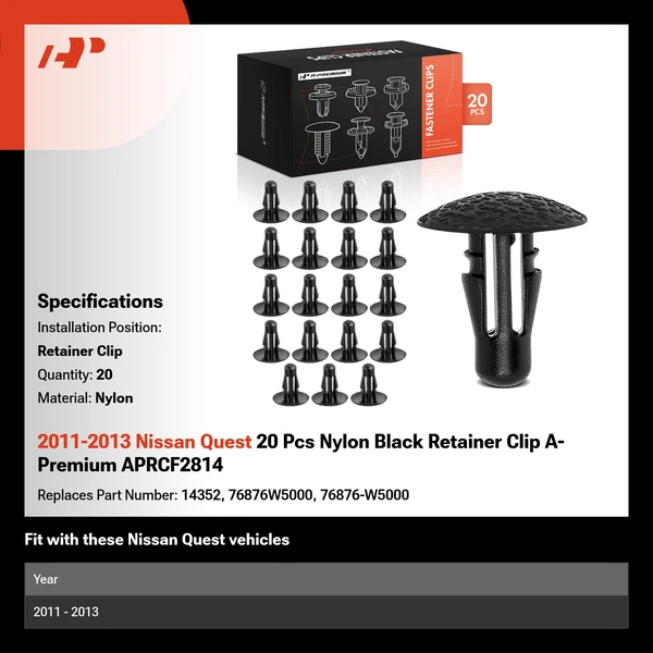 2011-2013 Nissan Quest 20 Pcs Nylon Black Retainer Clip A-Premium APRCF2814