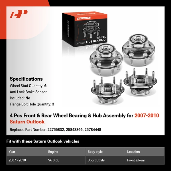 4 Pcs Front & Rear Wheel Bearing & Hub Assembly for 2007-2010 Saturn Outlook