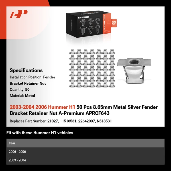 2003-2004 2006 Hummer H1 50 Pcs 8.65mm Metal Silver Fender Bracket Retainer Nut A-Premium APRCF643