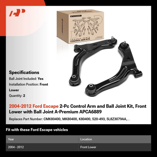 2004-2012 Ford Escape 2-Pc Control Arm and Ball Joint Kit, Front Lower with Ball Joint A-Premium APCA6889