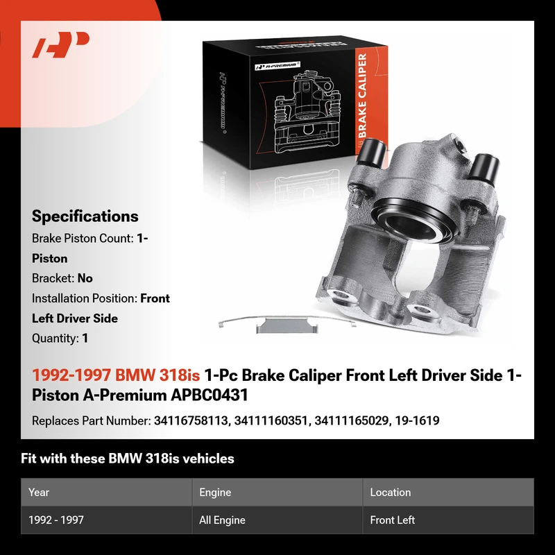 1992-1997 BMW 318is 1-Pc Brake Caliper Front Left Driver Side 1-Piston A-Premium APBC0431