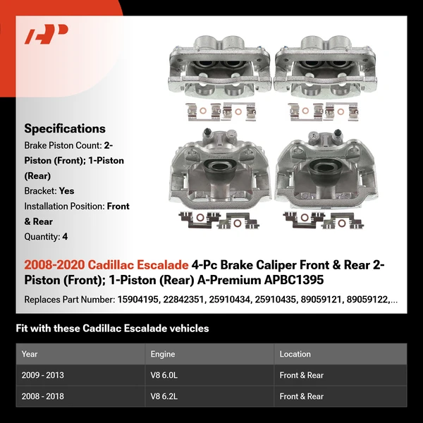 2008-2020 Cadillac Escalade 4-Pc Brake Caliper Front & Rear 2-Piston (Front); 1-Piston (Rear) A-Premium APBC1395