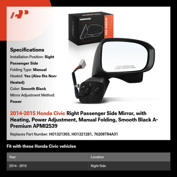 2014-2015 Honda Civic Right Passenger Side Mirror, with Heating, Power Adjustment, Manual Folding, Smooth Black A-Premium APMI2539