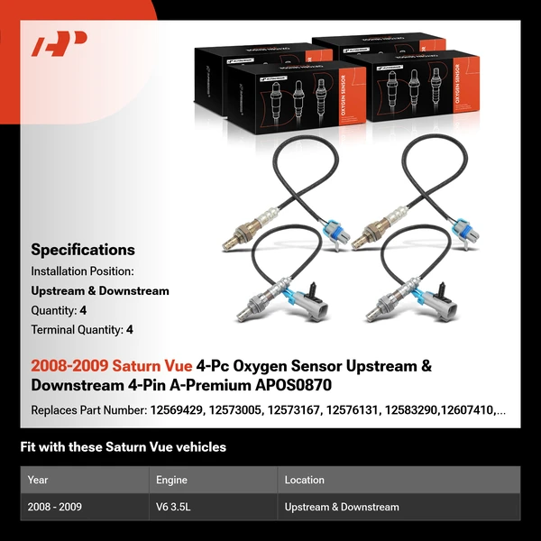 2008-2009 Saturn Vue 4-Pc Oxygen Sensor Upstream & Downstream 4-Pin A-Premium APOS0870