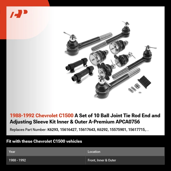 1988-1992 Chevrolet C1500 A Set of 10 Ball Joint Tie Rod End and Adjusting Sleeve Kit Inner & Outer A-Premium APCA0756
