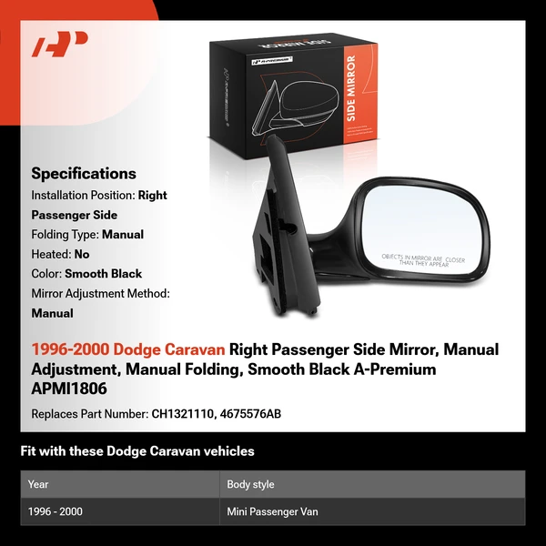 1996-2000 Dodge Caravan Right Passenger Side Mirror, Manual Adjustment, Manual Folding, Smooth Black A-Premium APMI1806