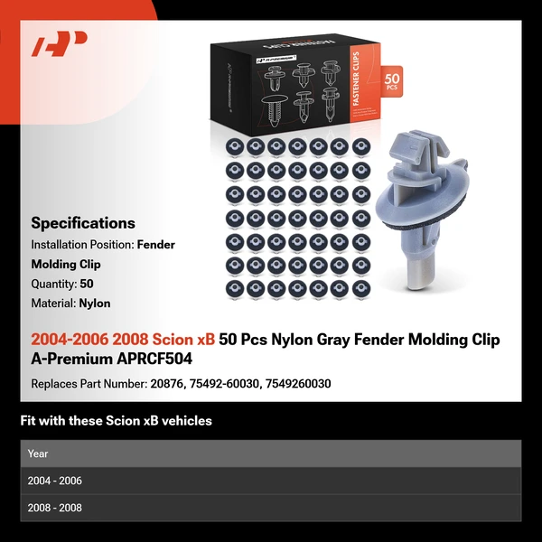 2004-2006 2008 Scion xB 50 Pcs Nylon Gray Fender Molding Clip A-Premium APRCF504