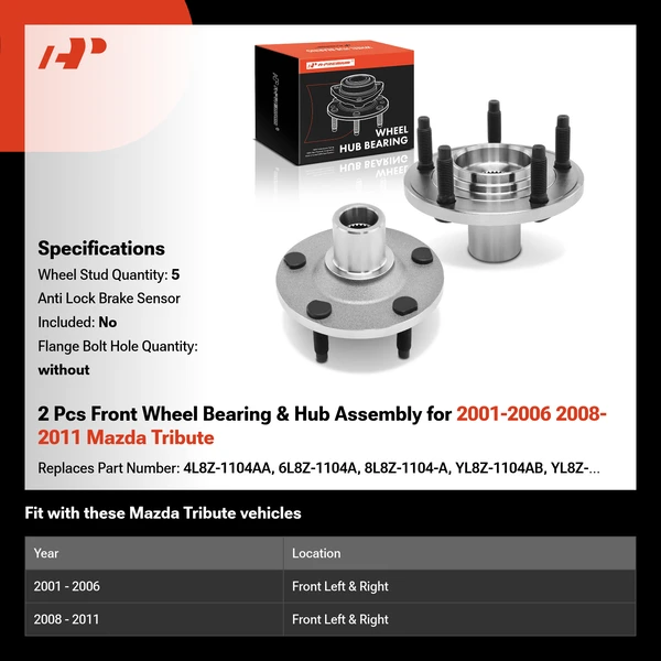 2 Pcs Front Wheel Bearing & Hub Assembly for 2001-2006 2008-2011 Mazda Tribute