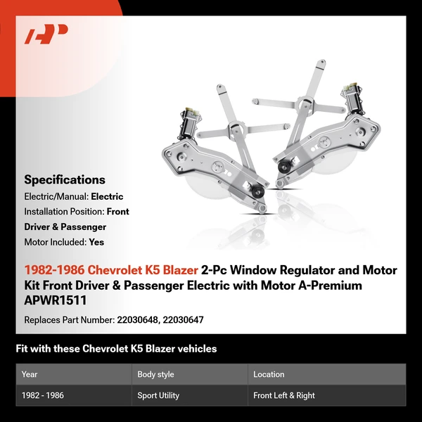 1982-1986 Chevrolet K5 Blazer 2-Pc Window Regulator and Motor Kit Front Driver & Passenger Electric with Motor A-Premium APWR1511