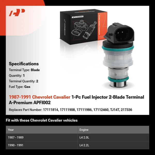 1987-1991 Chevrolet Cavalier 1-Pc Fuel Injector 2-Blade Terminal A-Premium APFI002