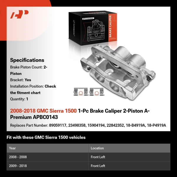 2008-2018 GMC Sierra 1500 1-Pc Brake Caliper 2-Piston A-Premium APBC0143