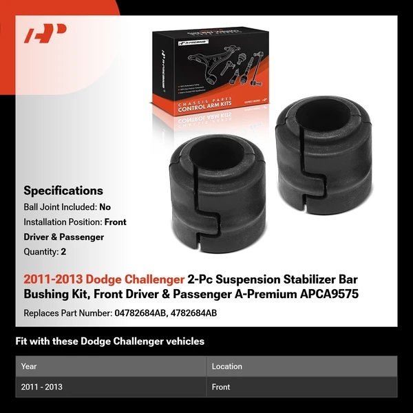 2011-2013 Dodge Challenger 2-Pc Suspension Stabilizer Bar Bushing Kit, Front Driver & Passenger A-Premium APCA9575