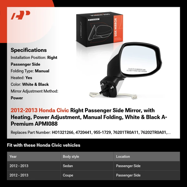 2012-2013 Honda Civic Right Passenger Side Mirror, with Heating, Power Adjustment, Manual Folding, White & Black A-Premium APMI088