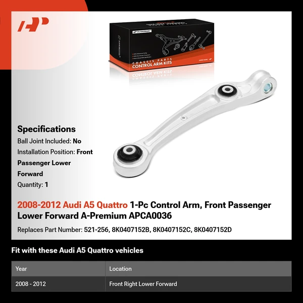 2008-2012 Audi A5 Quattro 1-Pc Control Arm, Front Passenger Lower Forward A-Premium APCA0036