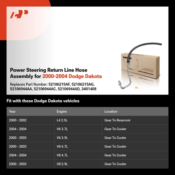 Power Steering Return Line Hose Assembly for 2000-2004 Dodge Dakota