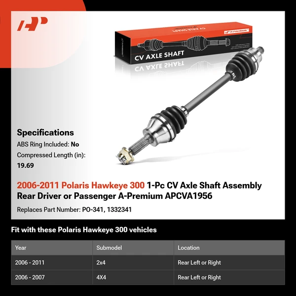 2006-2011 Polaris Hawkeye 300 1-Pc CV Axle Shaft Assembly Rear Driver or Passenger A-Premium APCVA1956
