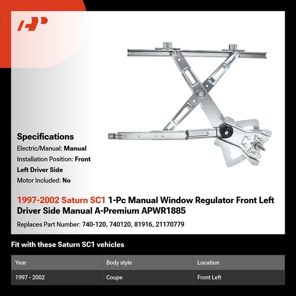 1997-2002 Saturn SC1 1-Pc Manual Window Regulator Front Left Driver Side Manual A-Premium APWR1885