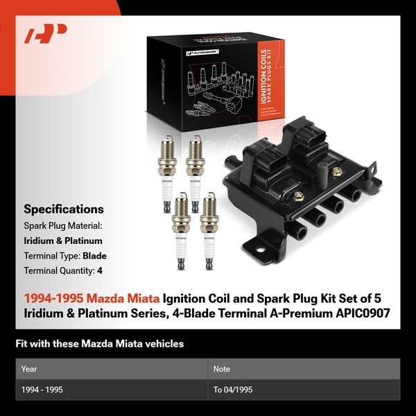 1994-1995 Mazda Miata Ignition Coil and Spark Plug Kit Set of 5 Iridium & Platinum Series, 4-Blade Terminal A-Premium APIC0907