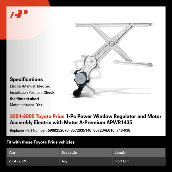 2004-2009 Toyota Prius 1-Pc Power Window Regulator and Motor Assembly Electric with Motor A-Premium APWR1435
