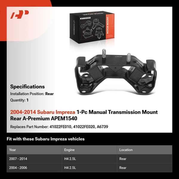 2004-2014 Subaru Impreza 1-Pc Manual Transmission Mount Rear A-Premium APEM1540