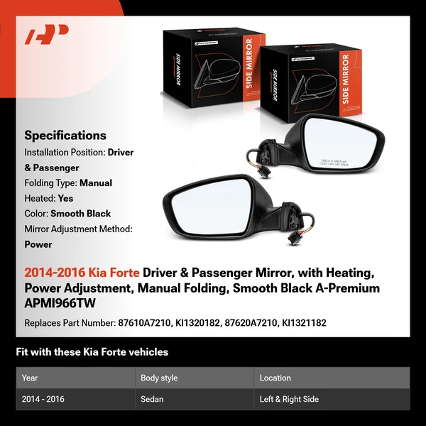 2014-2016 Kia Forte Driver & Passenger Mirror, with Heating, Power Adjustment, Manual Folding, Smooth Black A-Premium APMI966TW