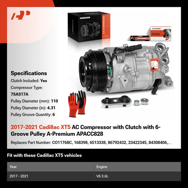 2017-2021 Cadillac XT5 AC Compressor with Clutch with 6-Groove Pulley A-Premium APACC828