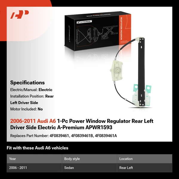 2006-2011 Audi A6 1-Pc Power Window Regulator Rear Left Driver Side Electric A-Premium APWR1593