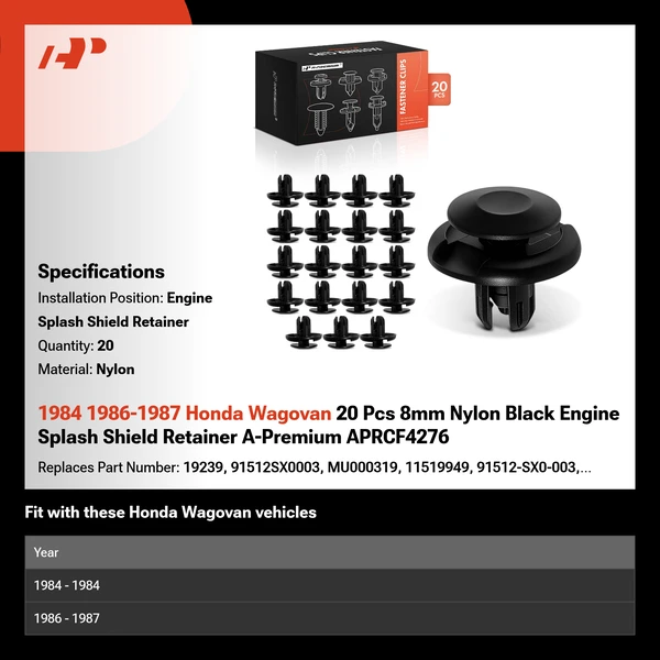1984 1986-1987 Honda Wagovan 20 Pcs 8mm Nylon Black Engine Splash Shield Retainer A-Premium APRCF4276