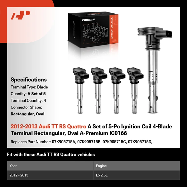 2012-2013 Audi TT RS Quattro A Set of 5-Pc Ignition Coil 4-Blade Terminal Rectangular, Oval A-Premium IC0166