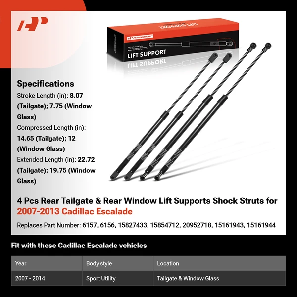 4 Pcs Rear Tailgate & Rear Window Lift Supports Shock Struts for 2007-2013 Cadillac Escalade
