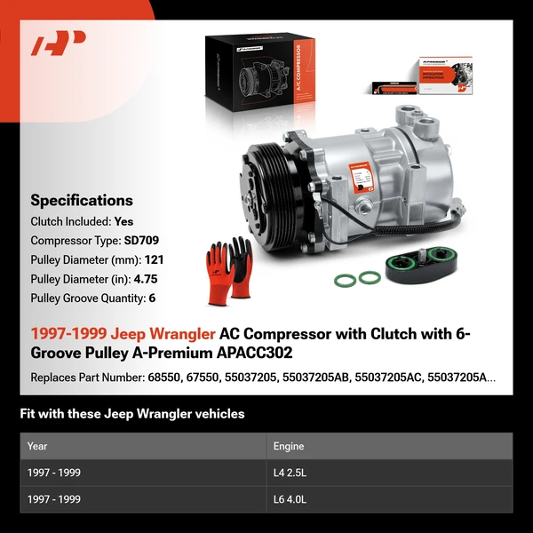 1997-1999 Jeep Wrangler AC Compressor with Clutch with 6-Groove Pulley A-Premium APACC302