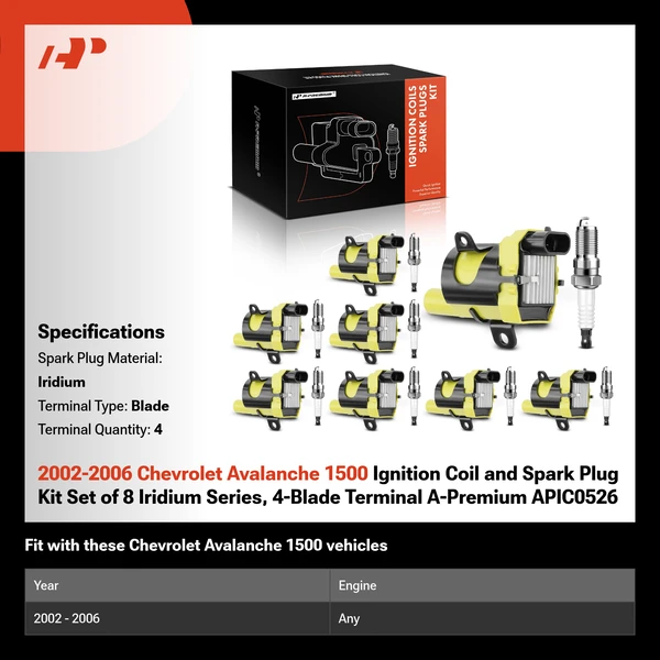 2002-2006 Chevrolet Avalanche 1500 Ignition Coil and Spark Plug Kit Set of 8 Iridium Series, 4-Blade Terminal A-Premium APIC0526