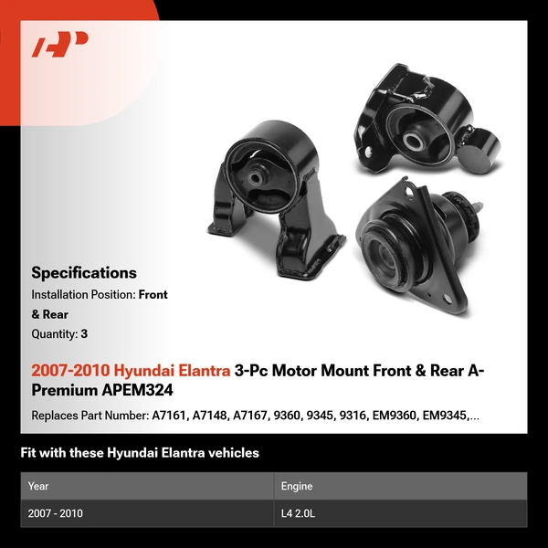2007-2010 Hyundai Elantra 3-Pc Motor Mount Front & Rear A-Premium APEM324