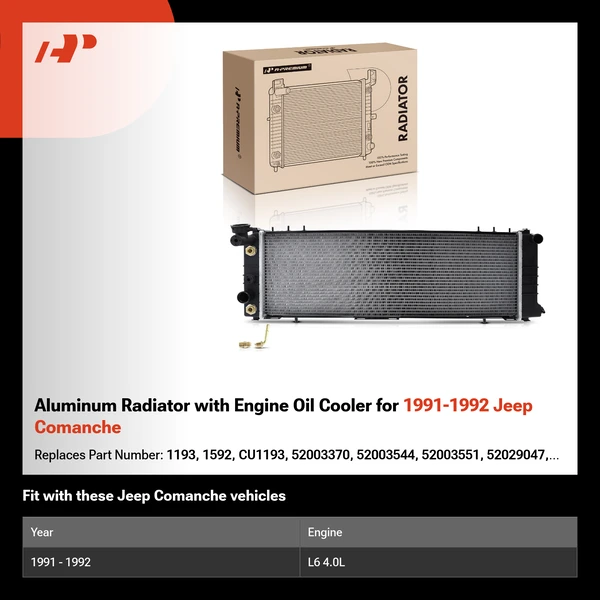 Aluminum Radiator with Engine Oil Cooler for 1991-1992 Jeep Comanche