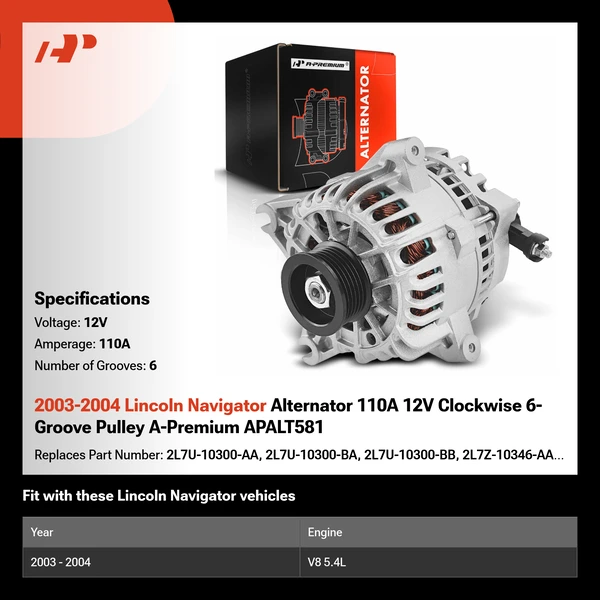 2003-2004 Lincoln Navigator Alternator 110A 12V Clockwise 6-Groove Pulley A-Premium APALT581