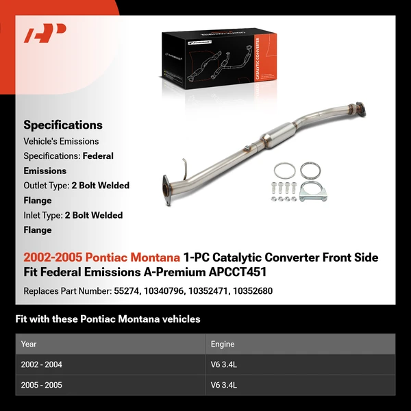 2002-2005 Pontiac Montana 1-PC Catalytic Converter Front Side Fit Federal Emissions A-Premium APCCT451