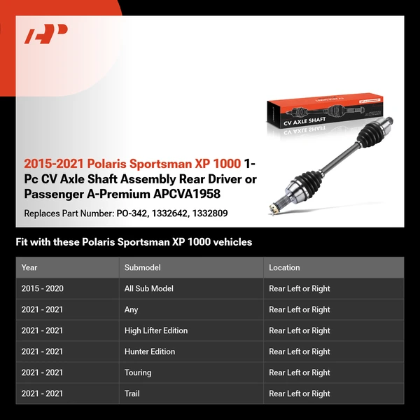 2015-2021 Polaris Sportsman XP 1000 1-Pc CV Axle Shaft Assembly Rear Driver or Passenger A-Premium APCVA1958