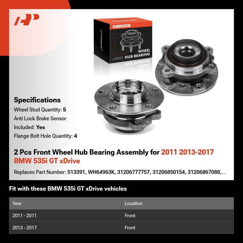 2 Pcs Front Wheel Hub Bearing Assembly for 2011 2013-2017 BMW 535i GT xDrive