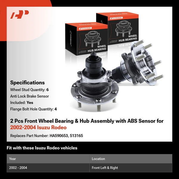 2 Pcs Front Wheel Bearing & Hub Assembly with ABS Sensor for 2002-2004 Isuzu Rodeo