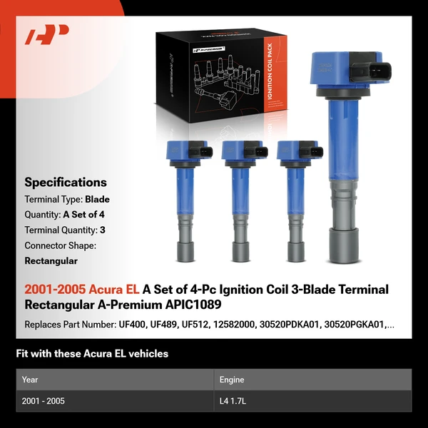 2001-2005 Acura EL A Set of 4-Pc Ignition Coil 3-Blade Terminal Rectangular A-Premium APIC1089