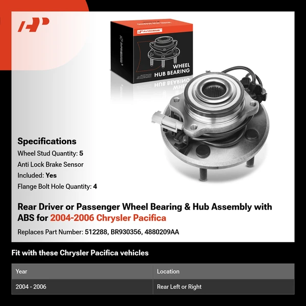 Rear Driver or Passenger Wheel Bearing & Hub Assembly with ABS for 2004-2006 Chrysler Pacifica