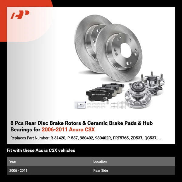 8 Pcs Rear Disc Brake Rotors & Ceramic Brake Pads & Hub Bearings for 2006-2011 Acura CSX
